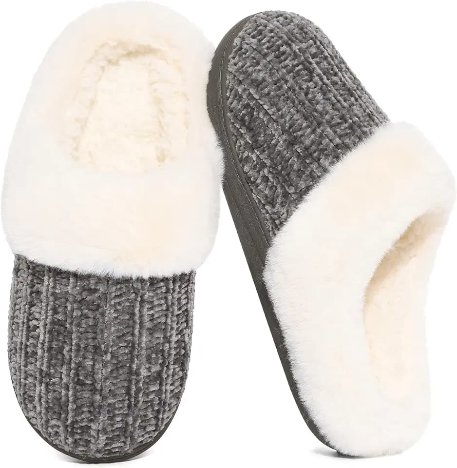 Evshine Women's Chenille Knit Fuzzy Slippers Memory Foam Warm House Shoes