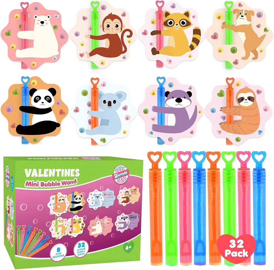 SURCVIO Valentines Day Gifts for Kids, 32 Pack Mini Bubble Wands with Valentines Animal Themes Greeting Cards for Kids, Valentine's Day School Prize Party Favor, Classroom Exchange Gift Set