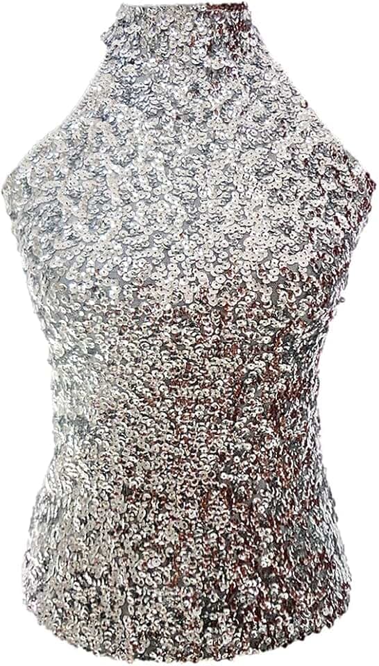 Damen-Top mit glitzernden Pailletten, hoher Neckholder-Ärmel, für Latein-Tanz, Party, Größe 32/36/38