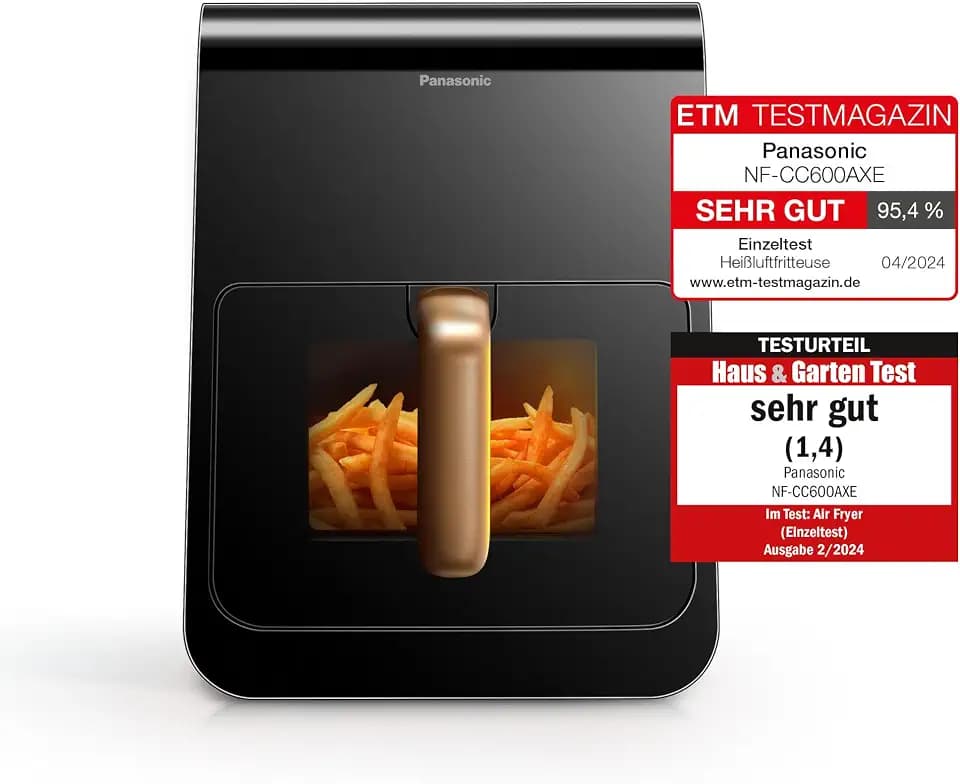 Panasonic NF-CC600AXE Air Fryer mit Sichtfenster, 6 l, 80–200 °C, digitaler Timer & LCD-Display, sanfte Dampfzugabe, 11 Voreinstellungen, einfache Reinigung, Schwarz mit Griff in Roségold