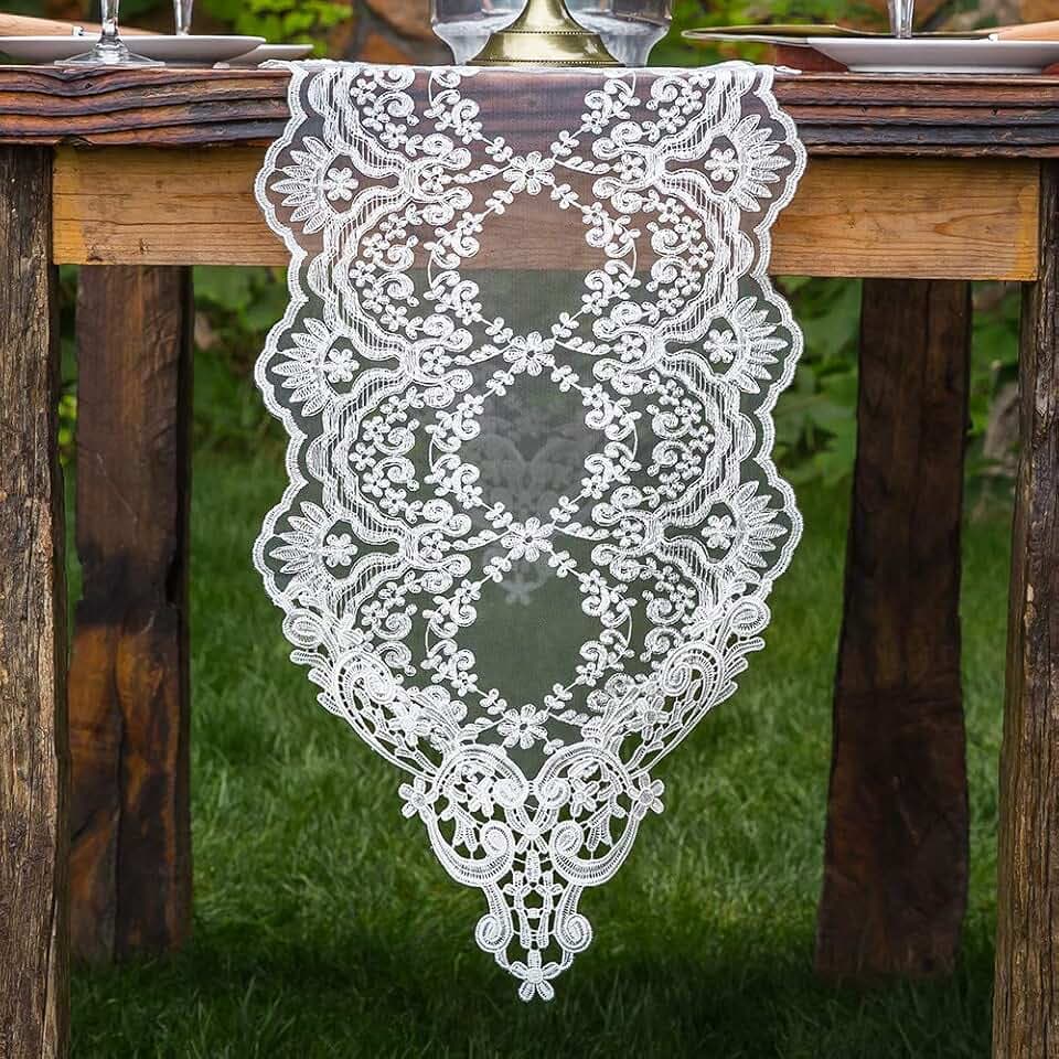 ARTABLE French White Lace Table Runner Macrame Embroidered 12 x 120 Inc