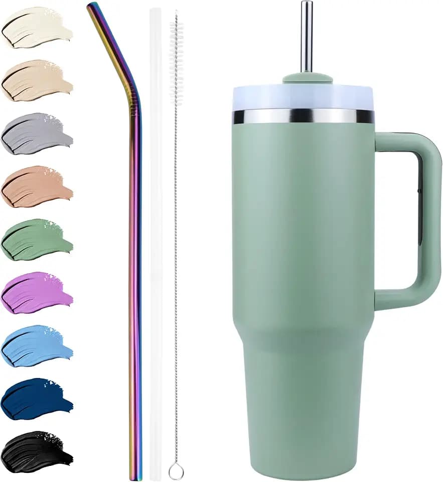 Disoza Thermobecher mit Strohhalm 40 oz Grün Trinkbecher mit Deckel und Strohhalm 1.2 L Kaffeebecher To Go Coffee Becher mit Strohhalm Tumbler Cup Trinkflasche mit Strohhalm Wasserflasche mit Henkel