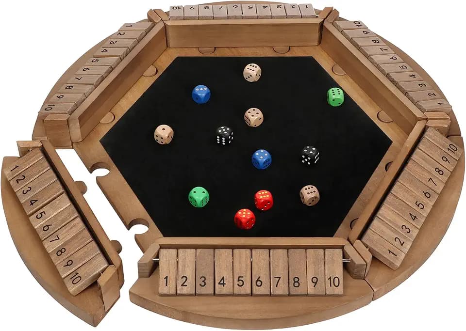 Shut The Box Game for 1-6 Players, Plusvivo Large Round Wooden Board Dice Game with 14 Dice for Adults, 6 Way Clever Math Game for Home Classroom or Pub