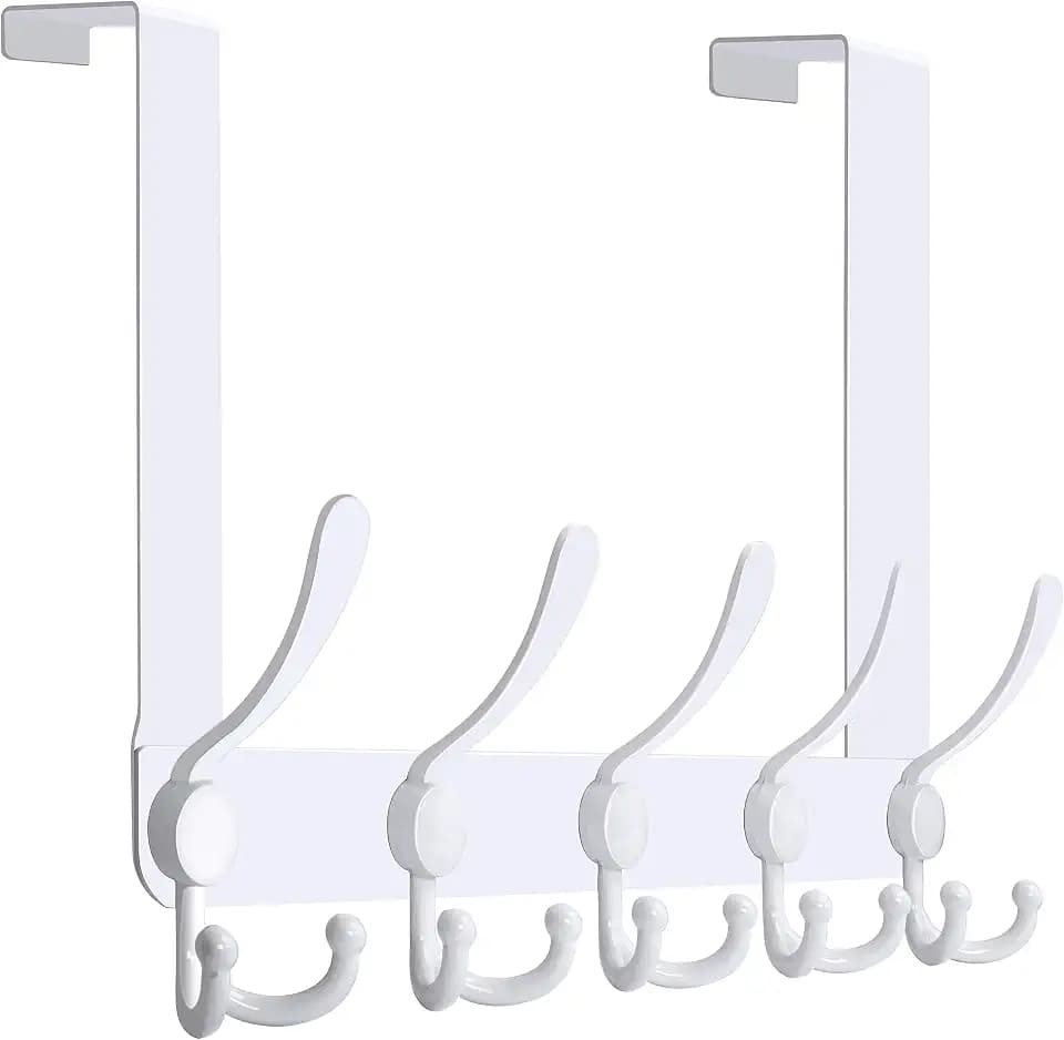 WEBI Over The Door Hooks Door Hanger Hook Rack with 5 Tri Hooks for Hanging,Over The Door Towel Rack Towel Hanger Door Coat Hanger Over Door Coat Rack Behind Back of Bathroom,White