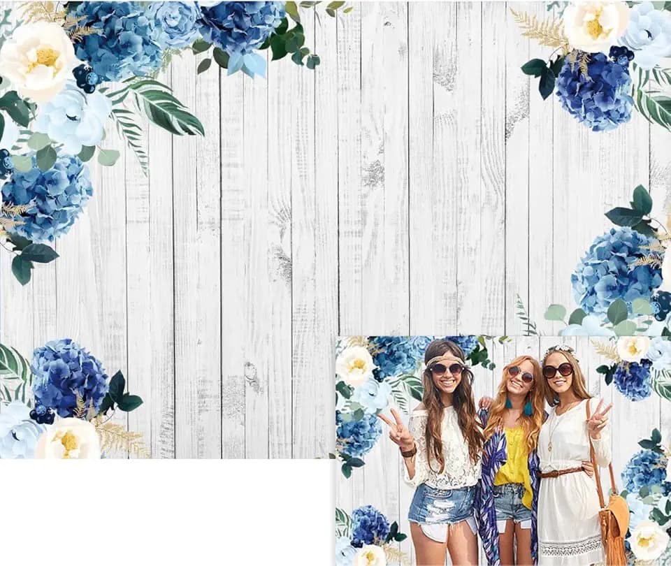 YongFoto Boho Rustic Wood Plank Wall Backdrop 7x5ft Blue Floral Hydrangeas Camellia Flowers Green Leaves Plants Spring Photography Background Birthday Wedding Bridal Baby Shower Party Banner