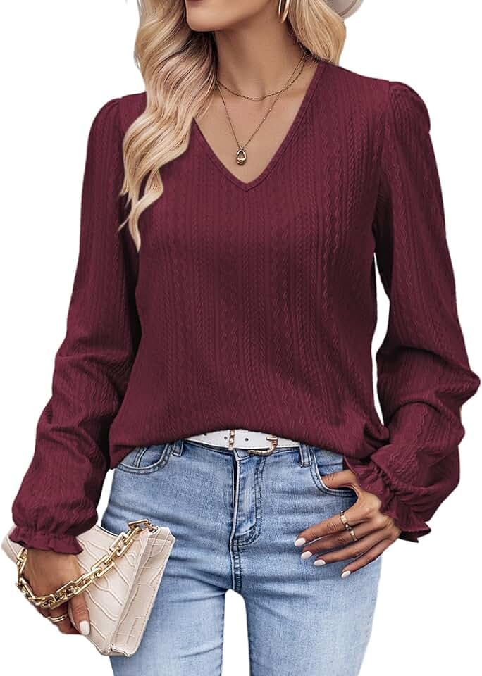 Tanmolo Langarmshirt Damen Bluse Elegant Langarm Pullover V-Ausschnitt Tunika Lässige Oberteile Puffärmel Blusenshirt Basic Tops