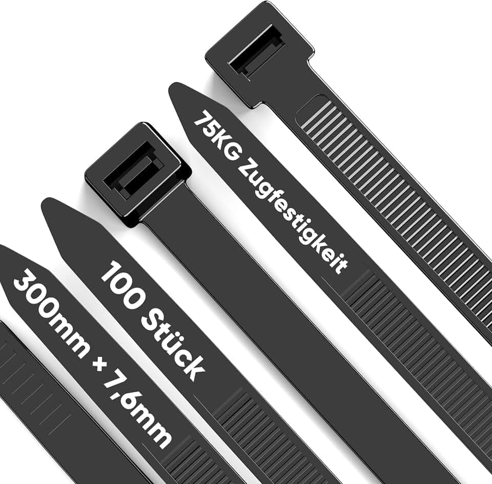 Highwings Kabelbinder Schwarz 300 mm x 7,6 mm 100 Stück, Kabelbinder UV-Beständig 75KG Zugfestigkeit ultra stark, Hitzebeständig für Kabelmanagement,Gartenarbeit,Werkstätten