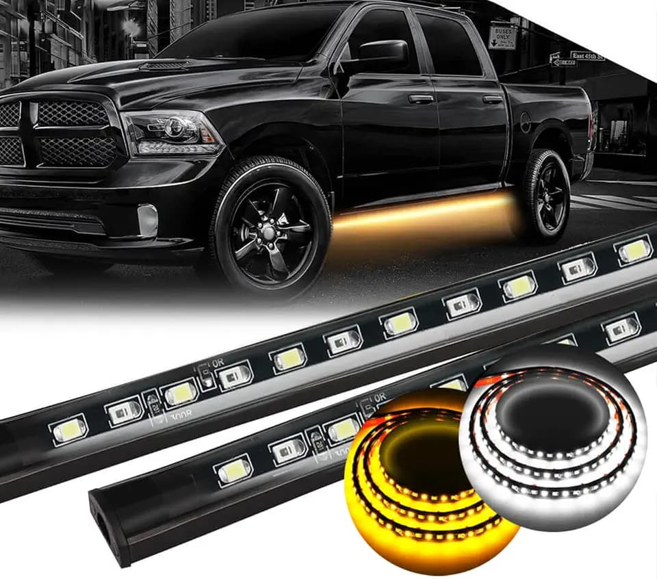 60 inch Truck LED Running Board Light Strip Sequential Amber Turn Signal DRL and White Courtesy Light 288 LEDs Waterproof Flexible Turn Signal Light Bar for Pickup Trucks Cars, Pack of 2