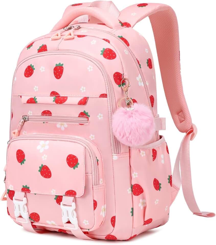 Girls Backpack for School, Kawaii Bookbag for Teen Multiple Pockets School Bag for Primary Elementary Middle School,Age 6-14, Pink Strawberry