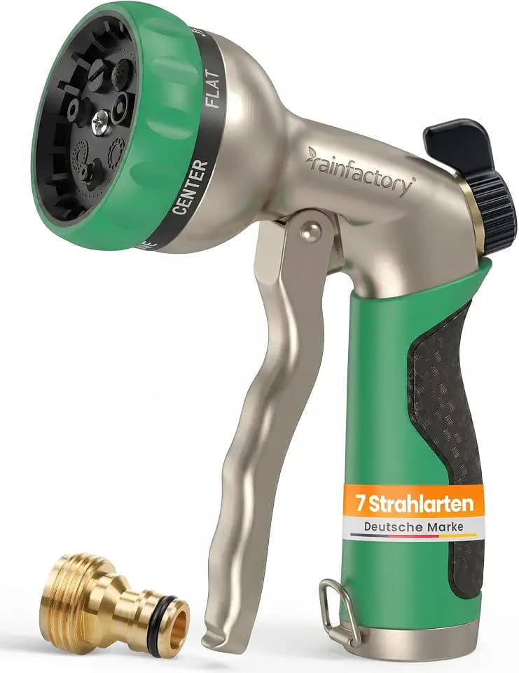 rainfactory Gartenbrause Metall - Gartenspritze mit 7 Strahlarten - Schlauchbrause mit regulierbarem Wasserdruck - Gartenschlauch Düse mit Messingadapter - Multifunktionsbrause für Garten Terrasse Hof