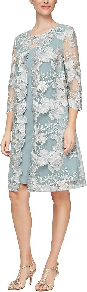 Alex Evenings Women's Short Embroidered Jacket Dress, Perfect for Wedding Guest, Formal Events (Petite and Regular Sizes), Ice Sage Petite, 10P