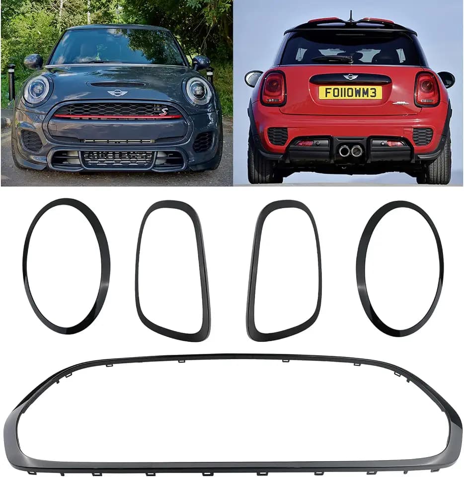 Osompar 5pcs Front Grille Frame Surround Trim Headlight Taillight Trim Ring Compatible with Mini Cooper F55 F56 F57 2014-2021 Black