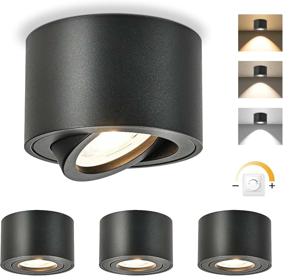 GeyouLux LED Aufbauspots Dimmbar, Ø80x50mm Deckenspots Schwarz Rund 4 Stück