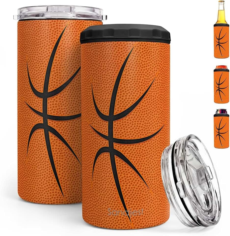 Basketball Can Cooler 12oz - Travel Mug Cups - Stainless Steel Insulated for Men Women Players - Tumbler Cans Koozie, Sport Gift for Fan Coach Lovers