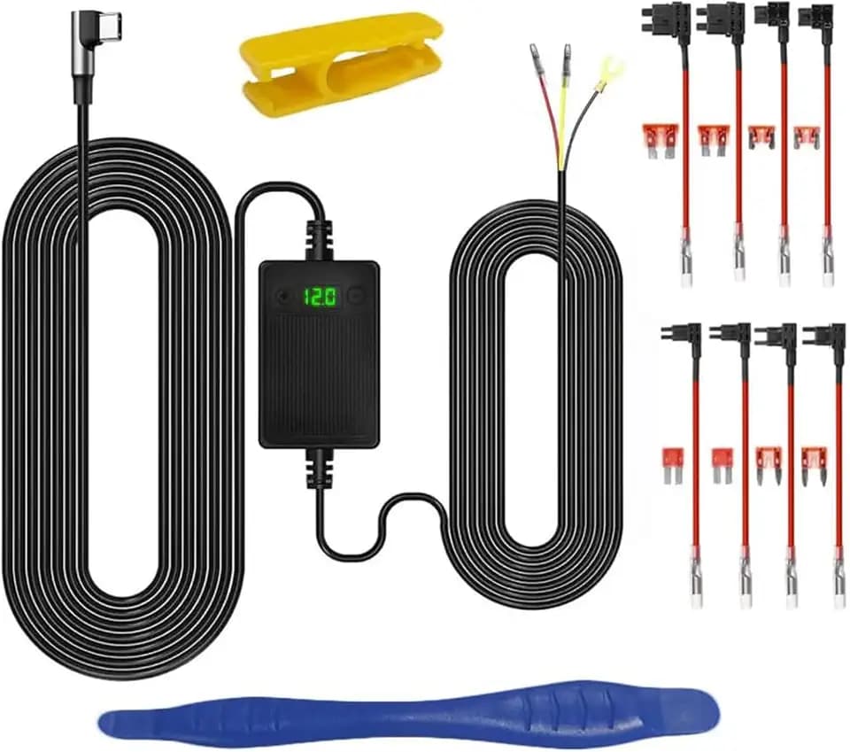 Dash Cam Hardwired Kit, 12V-24V to 5V Adapter Power Cable, 24/7 Parking Mode, with Voltage Display, Acc Detection, 4-Level Low Voltage Protection (11.6V/11.9V/12.2V/12.5V)，for 90% of dashcams