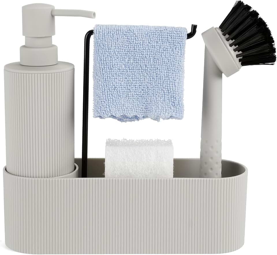GAHEFY Seifen und Spülmittelspender Set für Küchen mit Seifenspender Spülbürste Schwamm Spültuchhalter, Badezimmer Seifenspender Set für Bad, Küchen Organizer Spüle Schmal (Beige)