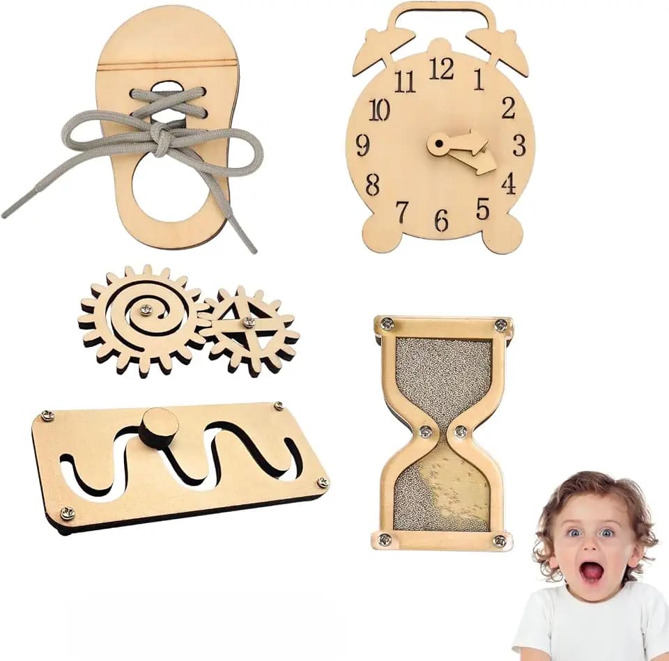 Busy Board Zubehör & Activity Board – 5-teiliges DIY Set für Eltern – Sensorikbrett Zubehör – Holz-Aktivitätsteile – Labyrinth, Lernuhr, Zahnrad, Sanduhr, Schuhe binden – Montessori Lernmaterial