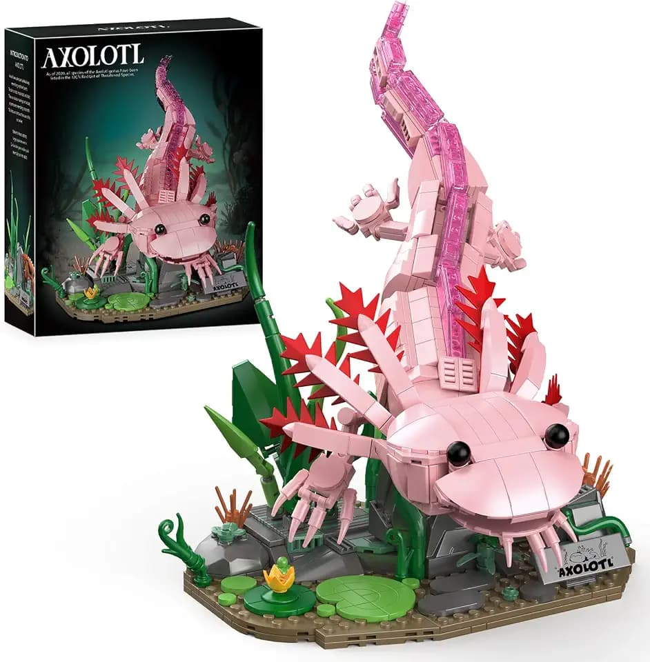 Vziimo Axolotl Bausteine, Tiere Klemmbausteine, Axolotl Tier Deko Modell mit beweglichen Gelenken, Meerestier Display Base, Kreatives Geschenk für Erwachsene und Junge Menschen ab 15+