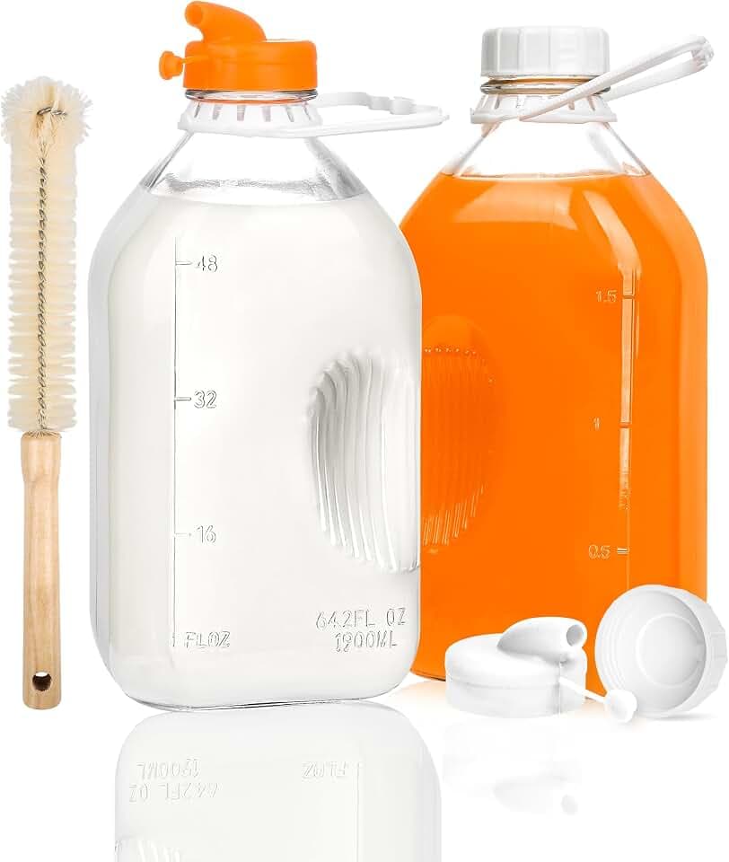 KMIGRUAN 64oz Glass Milk Bottle with Lid, 2Pack Heavy Duty Glass Water Jugs