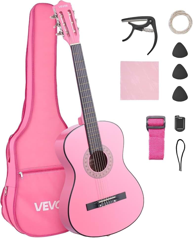 VEVOR Konzertgitarre, 960 mm, Holz-Klassikgitarren-Starter-Set für Anfänger, mit Nylonsaiten, Gigbag, Gurt, Stimmgerät, zusätzlichen Saiten, Plektren, Kapodaster, Linde, für Einsteiger, Pink