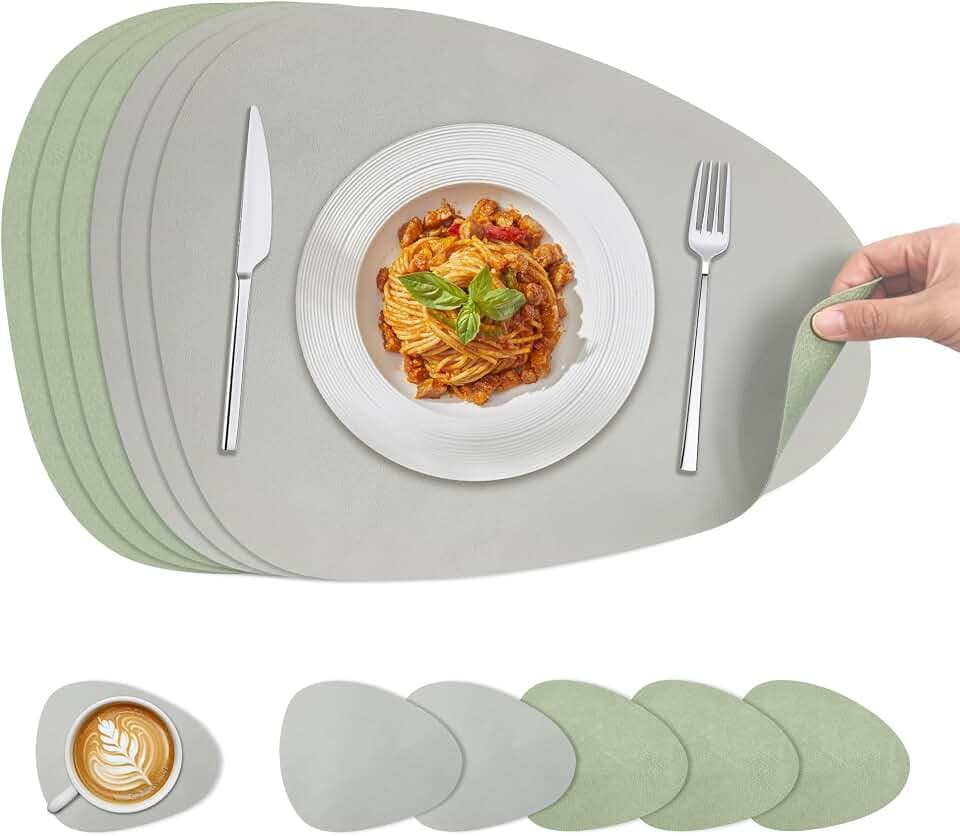 KitchenBoss Tischsets Platzsets Abwaschbar Platzdeckchen, 6 Set Tischset und Untersetzer Doppelseitigen Platzset Für den Einsatz in Küchen, Esszimmern und Büros (Grün + Grau), 40X30cm