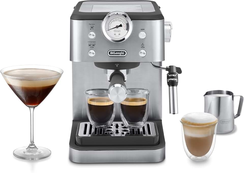 De'Longhi Siebträgermaschine Classic EM450.M, Espressomaschine mit professionellem Milchaufschäumer, Vollmetallgehäuse, 15 Bar, 1,7 l Wassertank, Edelstahl/Metall