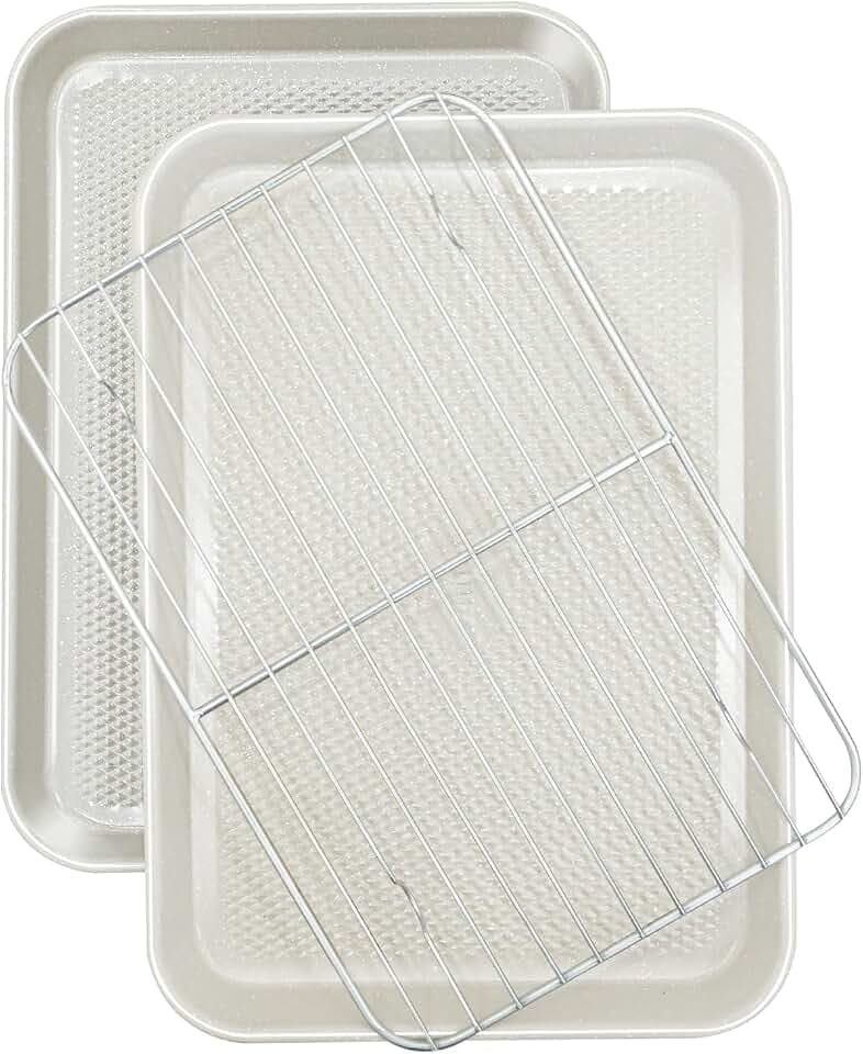 2-Pack 9x13 Quarter Sheet Pan Baking Sheet Set with Wire Rack - Nonstick 0.8mm Carbon Steel, Cookie Sheets for Baking, Non-Toxic, Dishwasher Safe, Oven Safe 450°F (External 9.5x13.6)