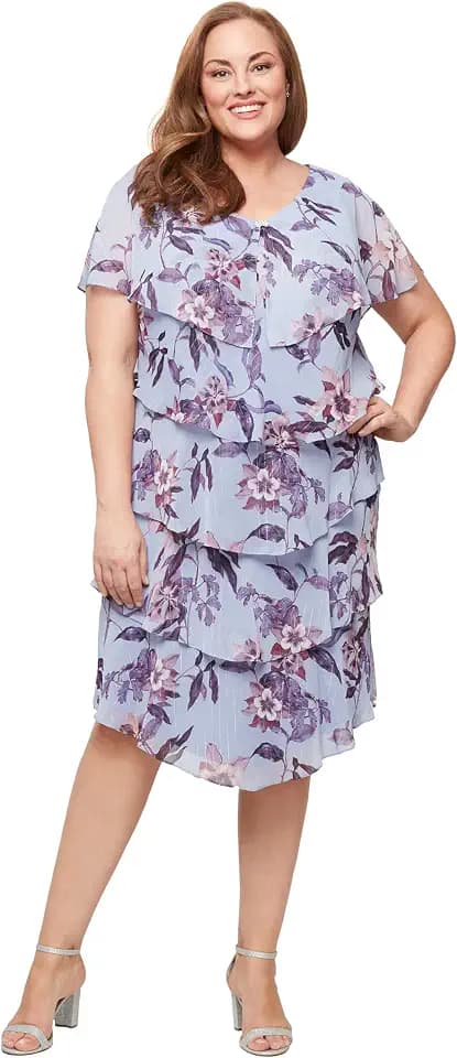 S.L. Fashions Women's Floral Tiered Spring/Summer Wedding Guest, Cocktail Dress, Special Occasion (Plus Size)