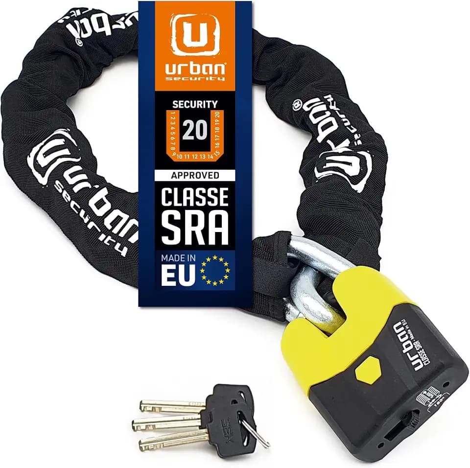 URBAN U8K120 Kettenschloss Motorrad Motorradschloss Vorhängeschloss und Kette, Sicherheit 20/20 mit Zulassung SRA, Gehärteter Stahl, Glieder 15mm Durchmesser, Sicherheitsschloss Motorrad, 120cm