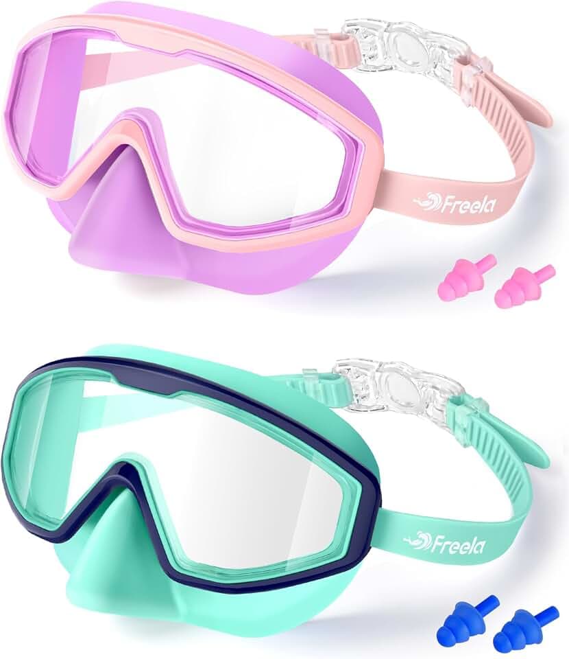 Freela 2Pcs Kids Swim Goggles for 3-12 with Nose Cover, 180° Clear Anti-Fog