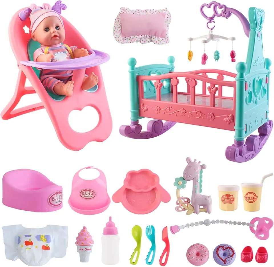 deAO Baby Puppe Set, 21-teiliges Babypuppe Spielset mit Puppenzubehör