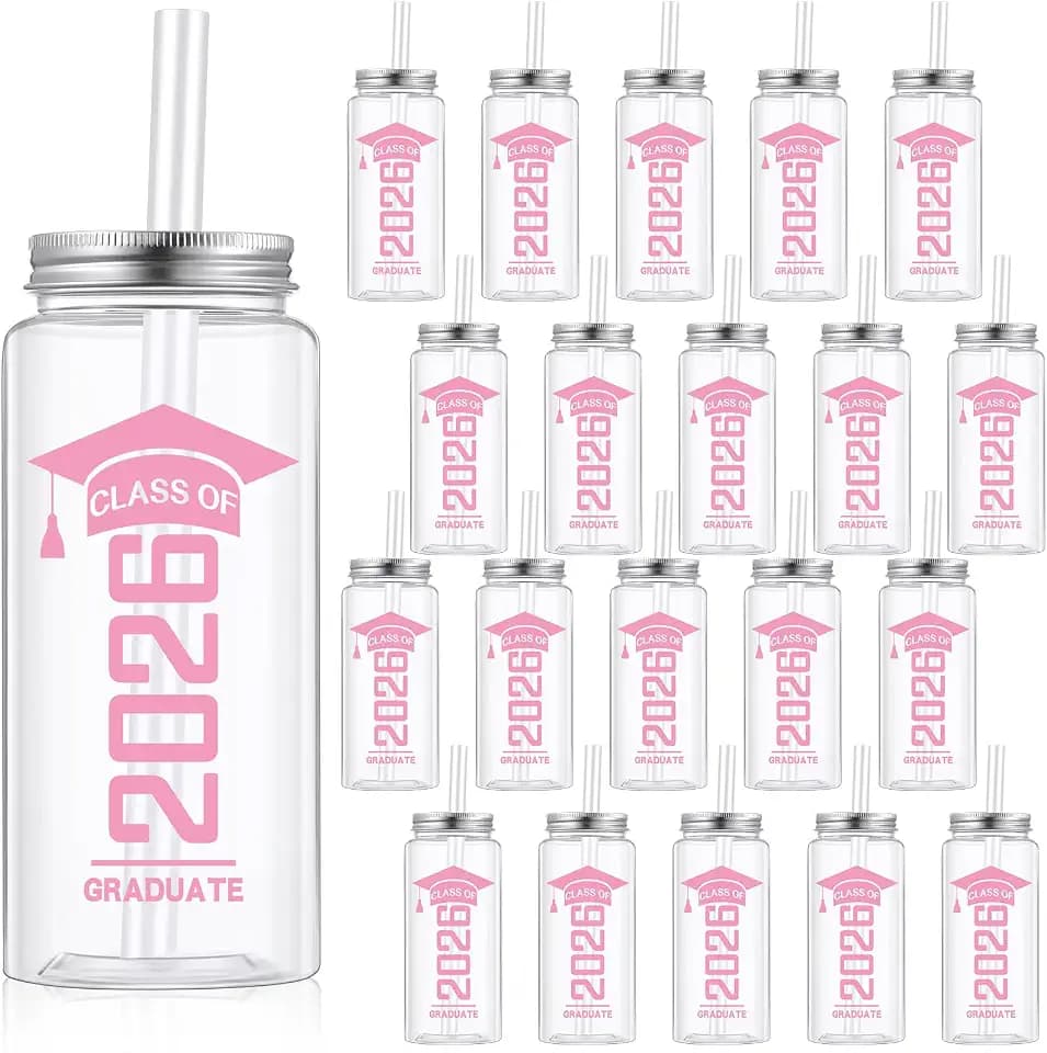 24 Pcs 2026 Graduation Gifts Class of 2026 Tumblers Bulk Reusable 13.5 oz Clear Plastic Cups with Straw and Lid Cold Drink Water Bottle for Student Graduation Decorations(Pink)