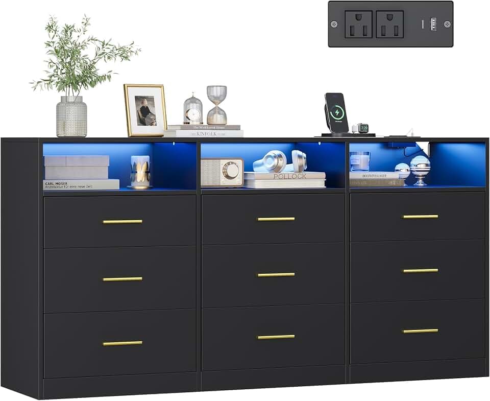 VASAGLE Dresser for Bedroom, with LED Lights and Power Strip, 9 Drawers