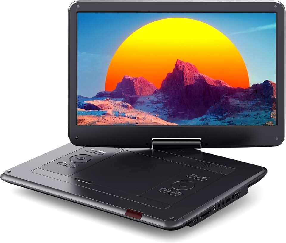 WOLFANG 17,5 Zoll Aufladbarer Tragbarer DVD-Player, 15,6 Zoll HD Bildschirm, 6 Stunden Spielzeit, Sync TV/Beamer, USB/SD Kompatibel, Regionsfrei (Schwarz)