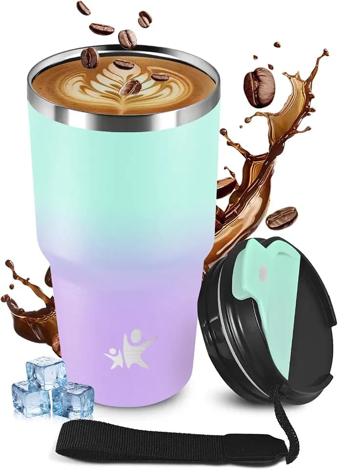 Thermobecher 600ml, Auslaufsicher Thermobecher mit Deckel, Kaffeebecher to Go,Doppelwandig Travel Mug,Isolierbecher für Radfahren, Mädchen, Sprudel, Camping, Gym