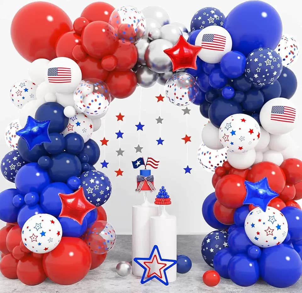 166Pcs Red White and Blue Balloons Garland Arch Kit, 4th of July Decorations Independence Labor Day Nautical Patriotic Flag Star Confetti Foil Balloons for Baseball Baby Shower Veterans Party Supplies