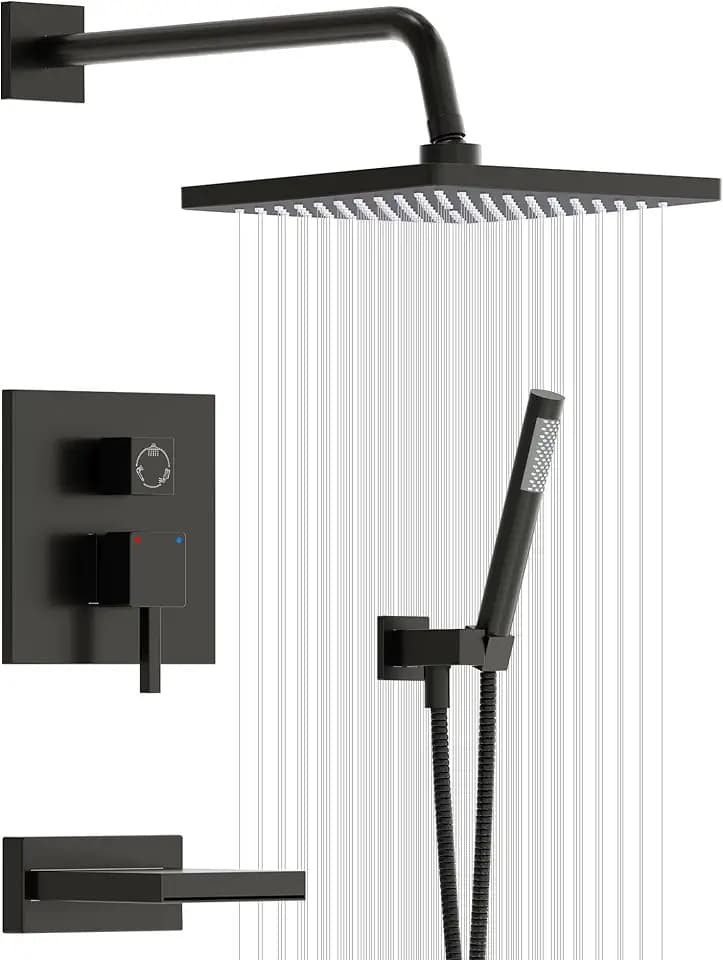 Esnbia Shower System with Tub Spout,Black Bathtub Shower Faucet Set,10 Inches Rain Shower Heads with Handheld Spary Combo, Tub Shower Kit with 3-Way Shower Valve, Matte Black