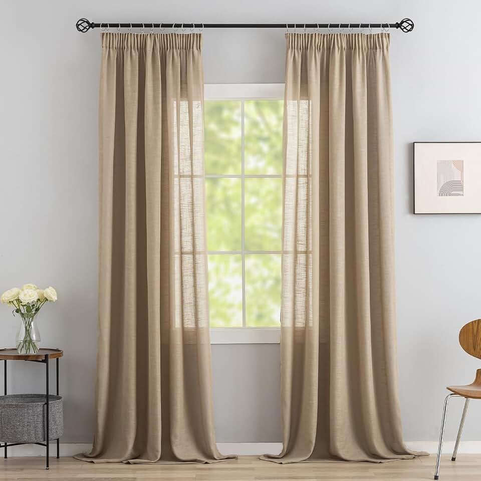 2er Set Leinen Mischgewebe Vorhänge mit Kräuselband Leinenoptik Gardinen für Schlafzimmer Wohnzimmer (HxB 245 x 140 cm, Latte Braun)