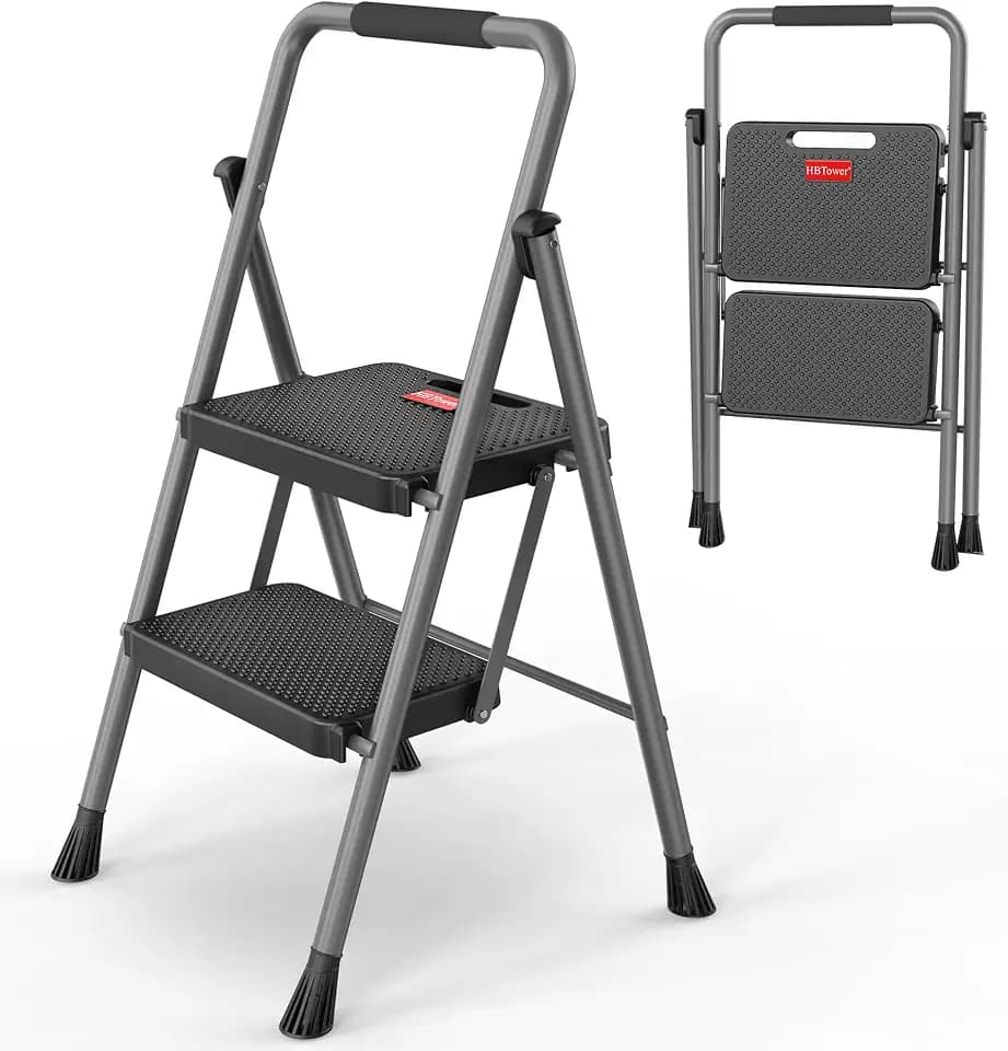 HBTower 2 Step Folding Step Ladder, 300 lbs Capacity with Handrail, Gray
