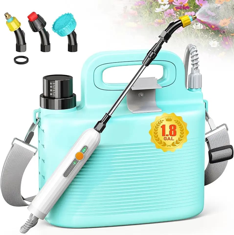 Tarden 1.8 Gallon Battery Powered Garden Sprayer, 3 Nozzles, 5 Patterns
