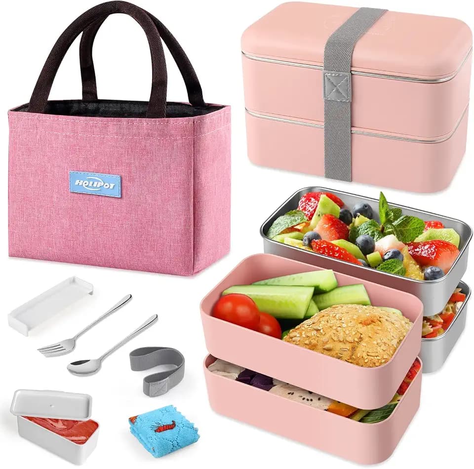 Bento Box, Lunchbox Brotdose mit Fächern 2 Ebenen mit 2 Stück Umweltfreundlichen PP & Edelstahlbehältern, mit Gabel-Löffel-Teilern Tragetasche,für Kinder und Erwachsene