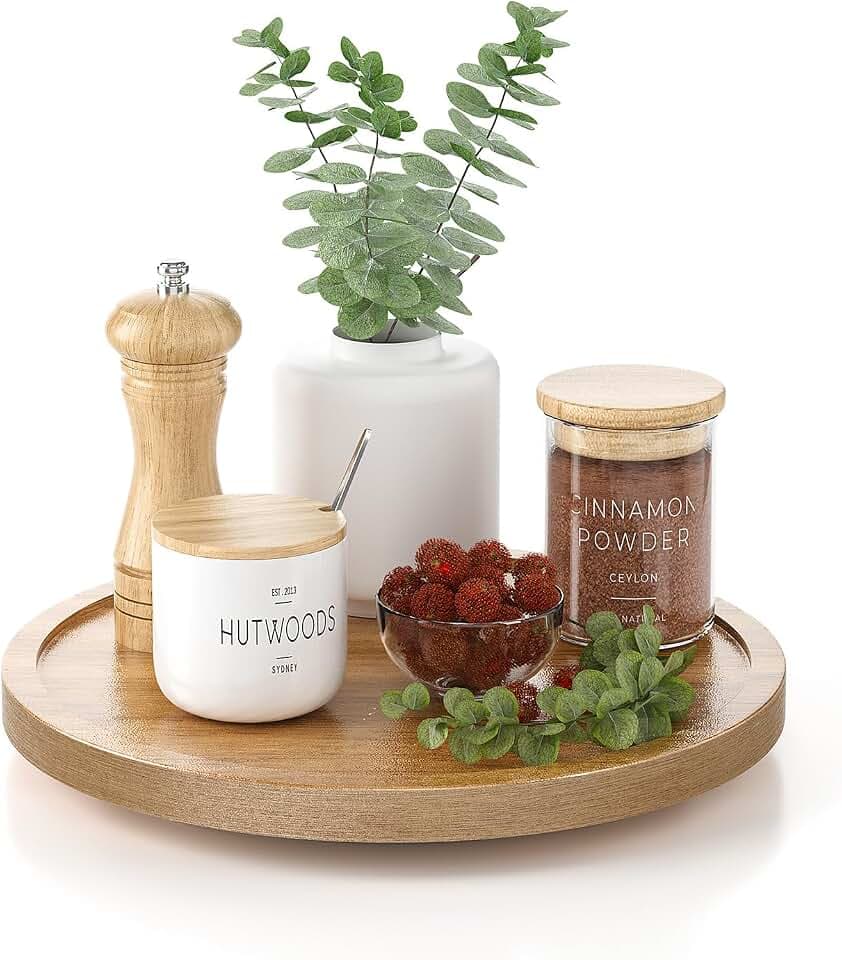 LAMU Akazienholz Drehteller Holz für Küche, Lazy Susan für Schrank, 360° Holztablett Deko, Arbeitsplatte und Vorratsschrank-Organisation, 23cm
