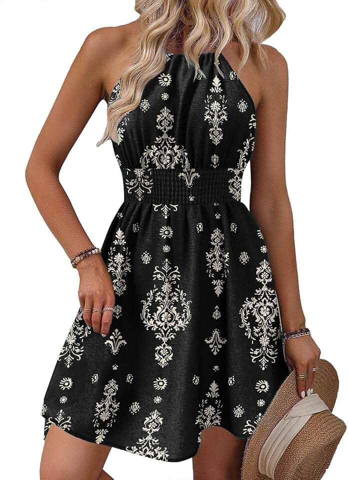 BLENCOT Womens Summer Beach Halter Neck Dresses Casual Smocked A Line Floral Mini Dress with Pockets