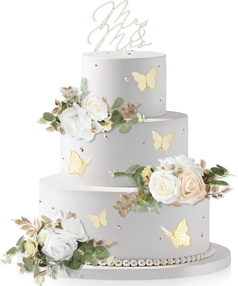 Leinuosen 14 Pcs Wedding Cake Topper Flowers Set Included 3 White Flowers for Cake Decorating 1 Wood Mr & Mrs Toppers 10 Butterfly Decoration Cakes Flower for Wedding Anniversary Birthday Party Decor