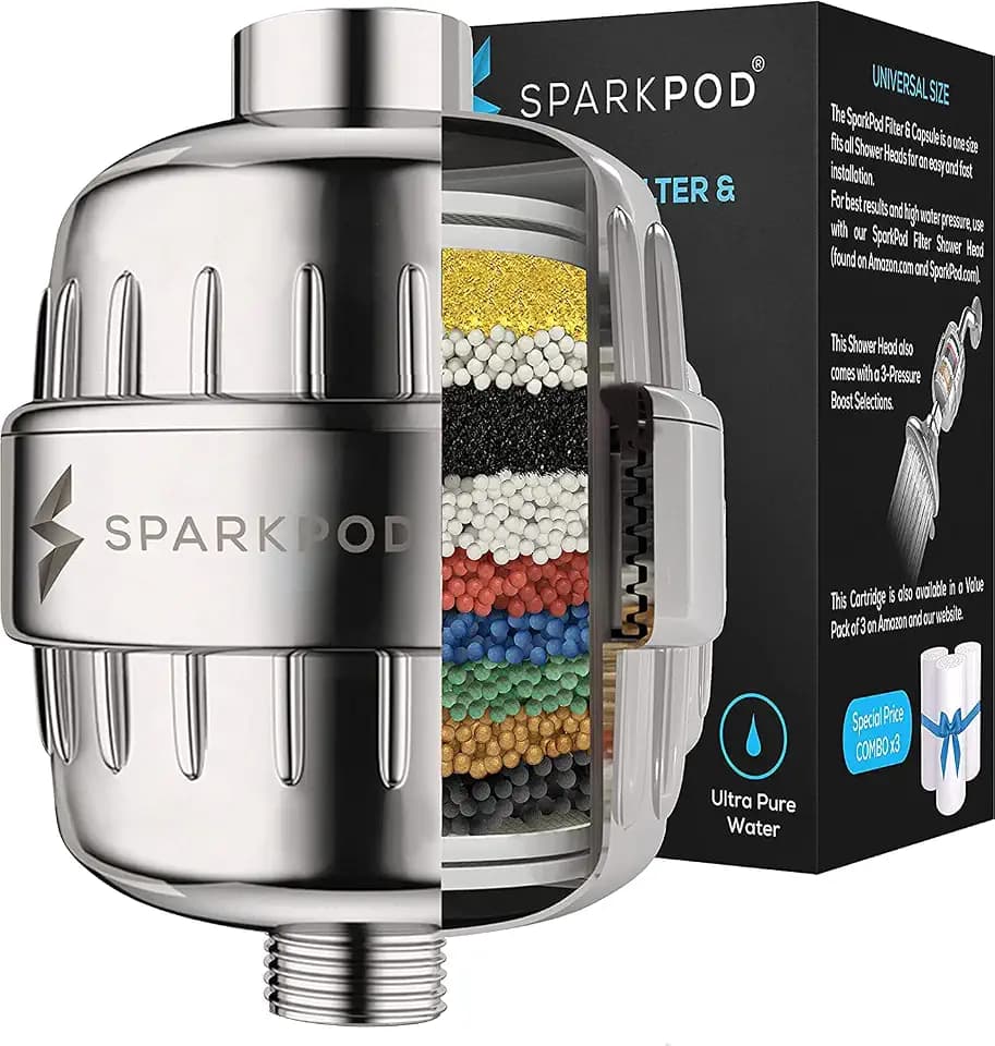 SparkPod High Output Shower Filter Capsule- Rejuvenates Skin and Hair Health (Reduces Eczema & Dandruff), Filters Chlorine, Heavy Metals and Impurities | 1-min installation, (Chrome) NEW FORMULA