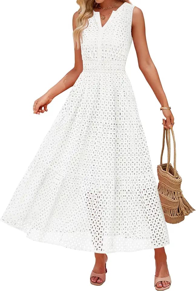 ZESICA Women's Sleeveless V Neck Hollow Out Eyelet A Line Flowy Maxi Dress