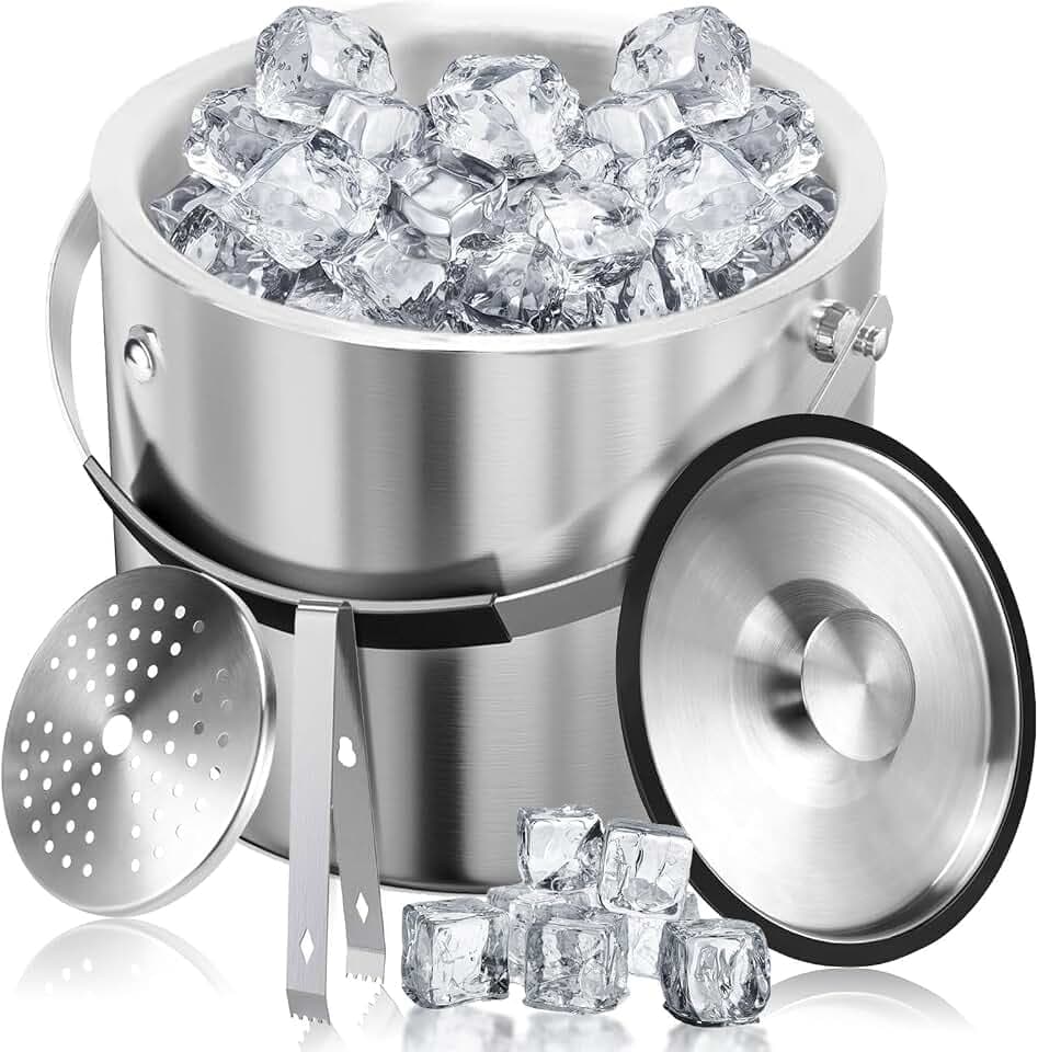 Edelstahl Eisbehälter 3L mit luftdichtem Deckel，Sieb und Eiszange，Eiswürfelbehälter doppelwandiger, Eisbehälter für Eiswürfel Ideal zum Kühlen von Bier Champagner Wein und Obst