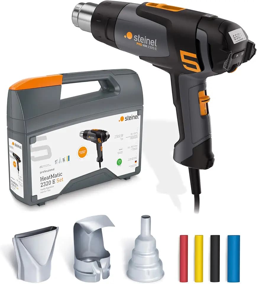 Steinel Heißluftpistole HM 2320 E Set, inkl. Düsen und Schrumpfschläuche, 2300 W Profi-Heißluftfön, 80°-650°C, LCD Display, Keramikheizung