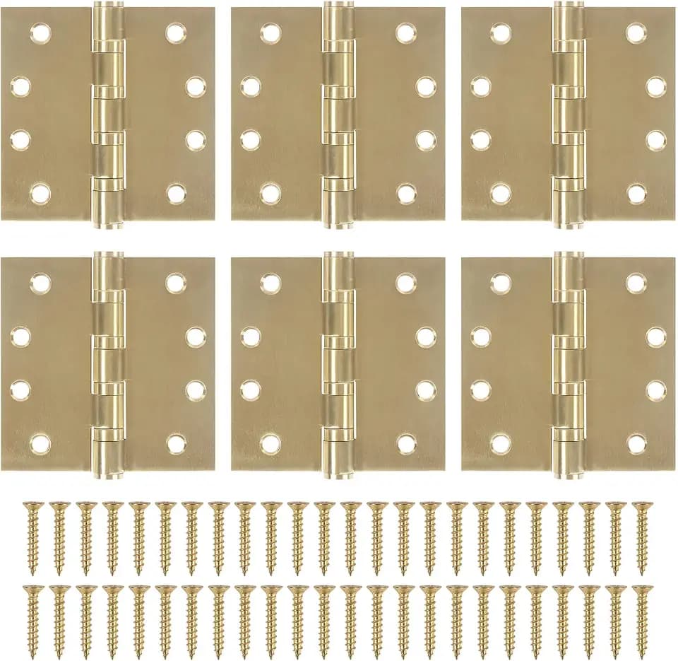 6 Pack Gold Ball Bearing Door Hinges, 4.0 x 4.0 Inches Heavy-Duty Stainless Steel Door Hinges for Exterior & Interior Doors, Square Corner
