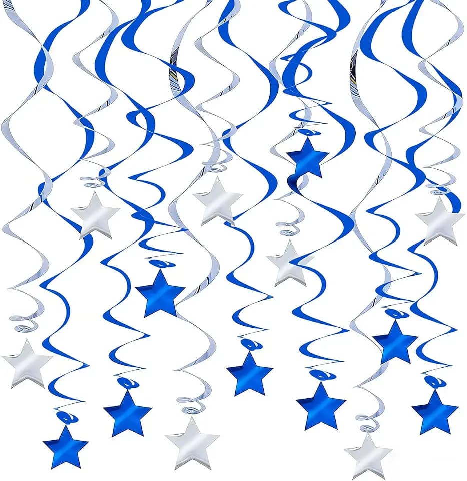 2026 Graduation Decorations Hanging Swirls - Pack of 32 Blue Silver Hanging Ceiling Decor with Stars, Plastic Streamers for Graduation Party, Birthday, Baby Shower Party Supplies